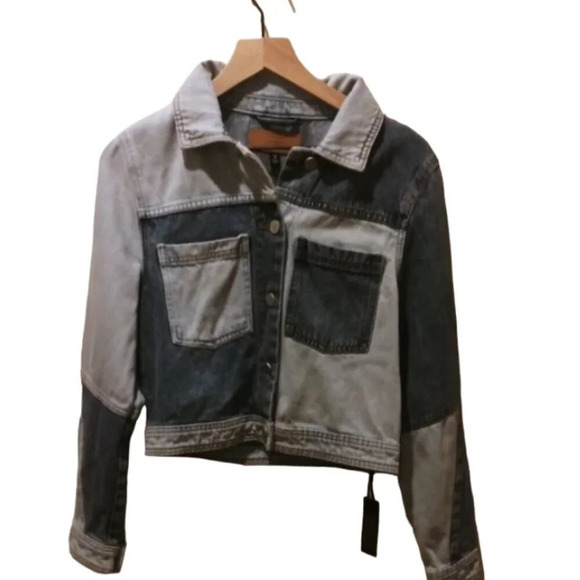 Blank NYC patchwork cutout sleeve cropped jacket blue. Size M (US) (NWT) - Picture 1 of 8